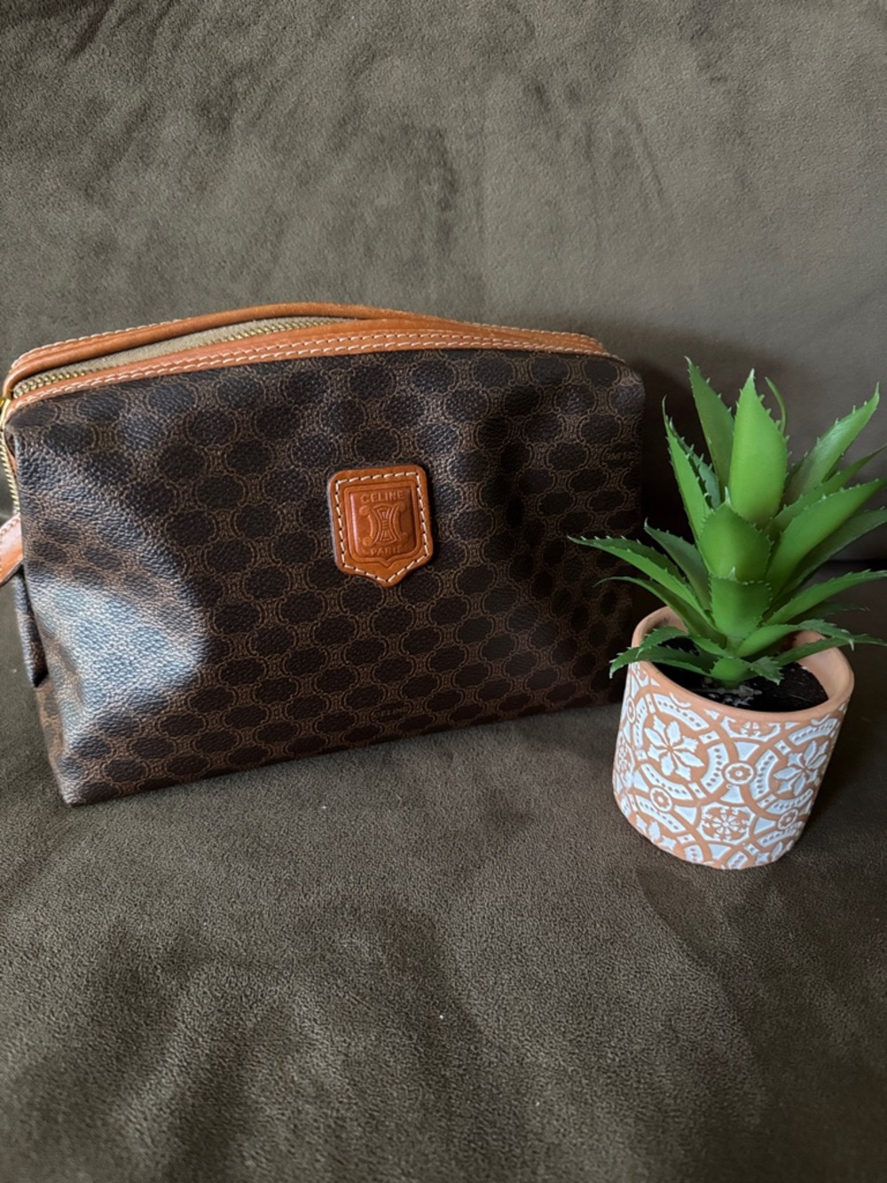 Hold for Mara Celine Brown Monogram Toiletry Pouch w Tan Trim Vintage Like New